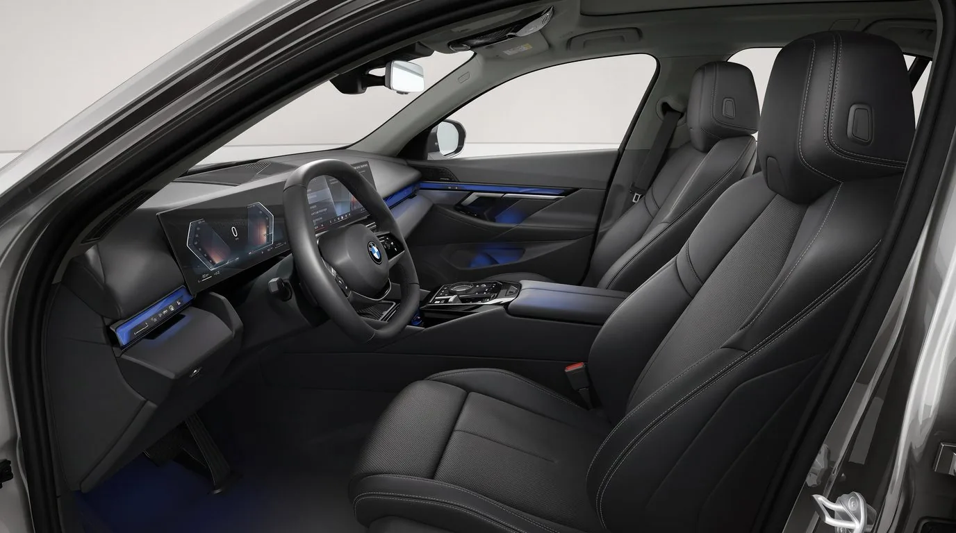 BMW 540d xDrive Limousine, Innenraum-Seitenansicht durch die geöffnete Fahrertür mit schwarzem Veganza-Leder, im Eazyfleet Auto-Abo