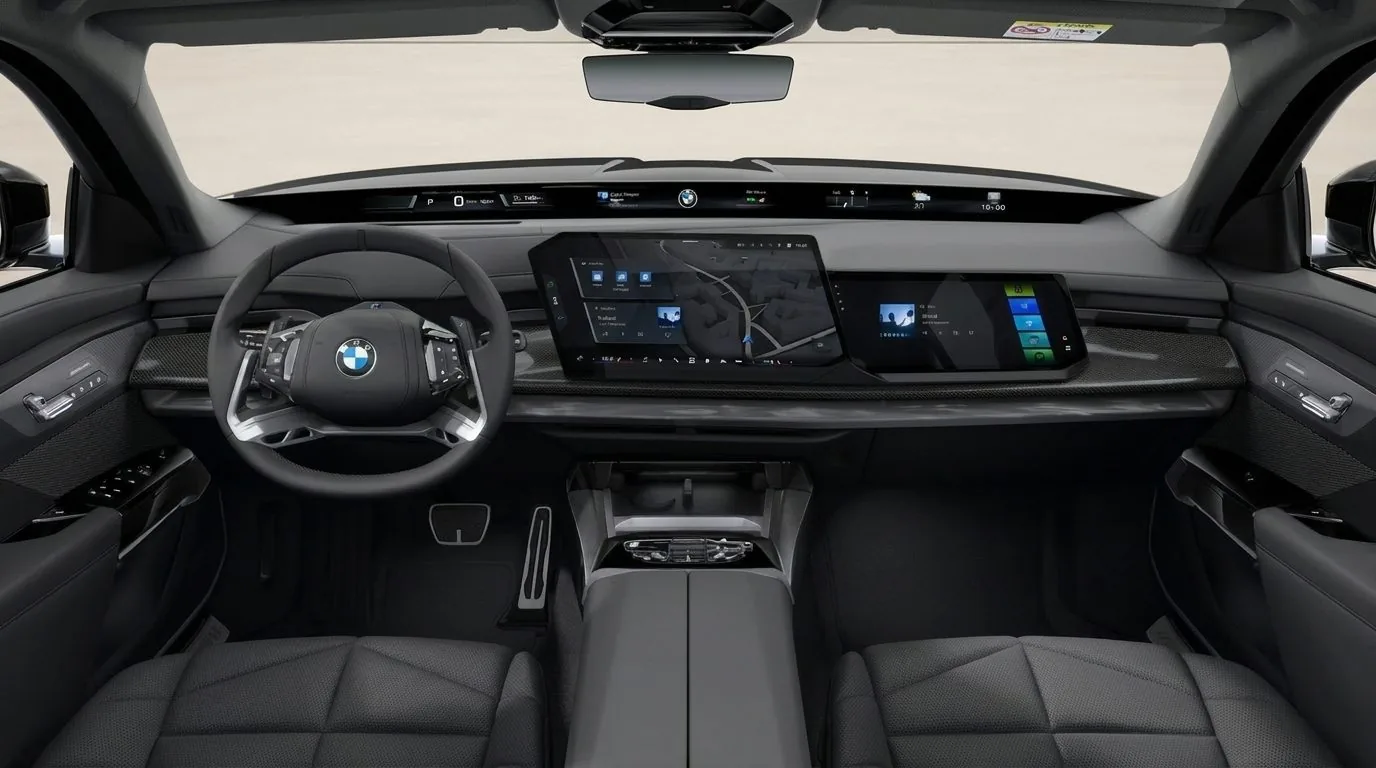 BMW 740d xDrive Cockpit mit BMW Live Cockpit Professional Curved Display und schwarzer Merino-Lederausstattung, Innenraum