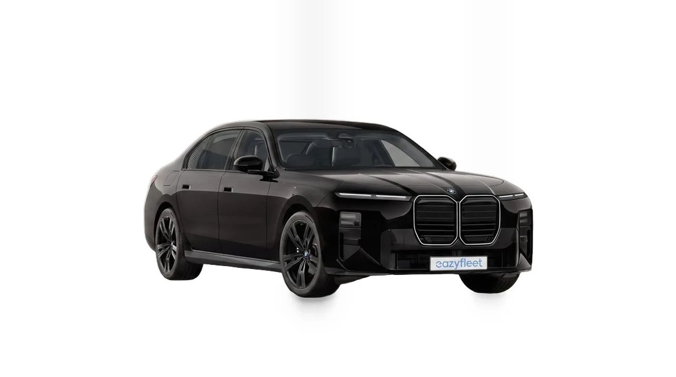 BMW 740d xDrive in Saphirschwarz metallic, Frontansicht schräg mit BMW Niere Iconic Glow, Firmenwagen bei Eazyfleet