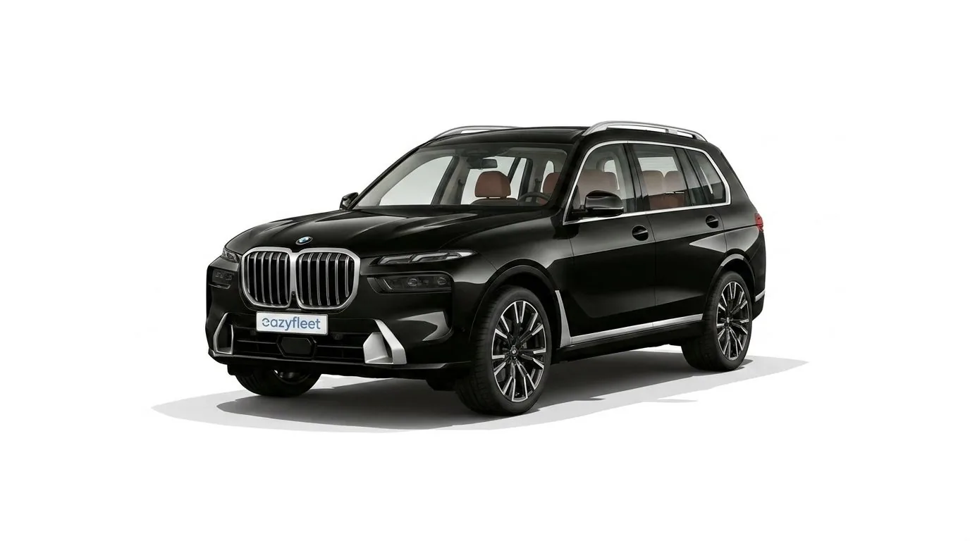 BMW X7 xDrive40d in Saphirschwarz metallic, Frontansicht schräg mit BMW Niere, als Firmenwagen bei Eazyfleet