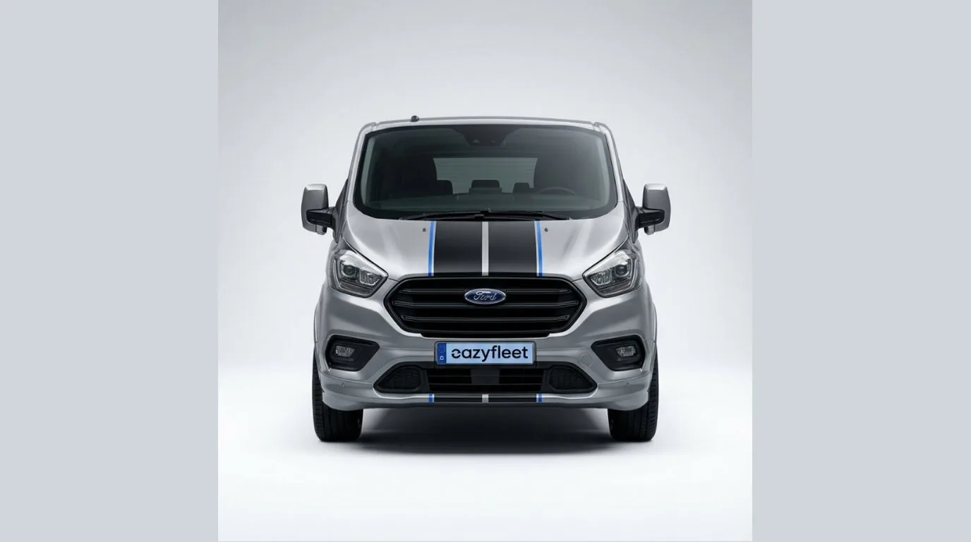Ford Tourneo Custom in der Frontansicht mit schwarz-blauen Sportstreifen und Ford Kühlergrill, Firmenwagen-Abo für Gewerbe bei Eazyfleet