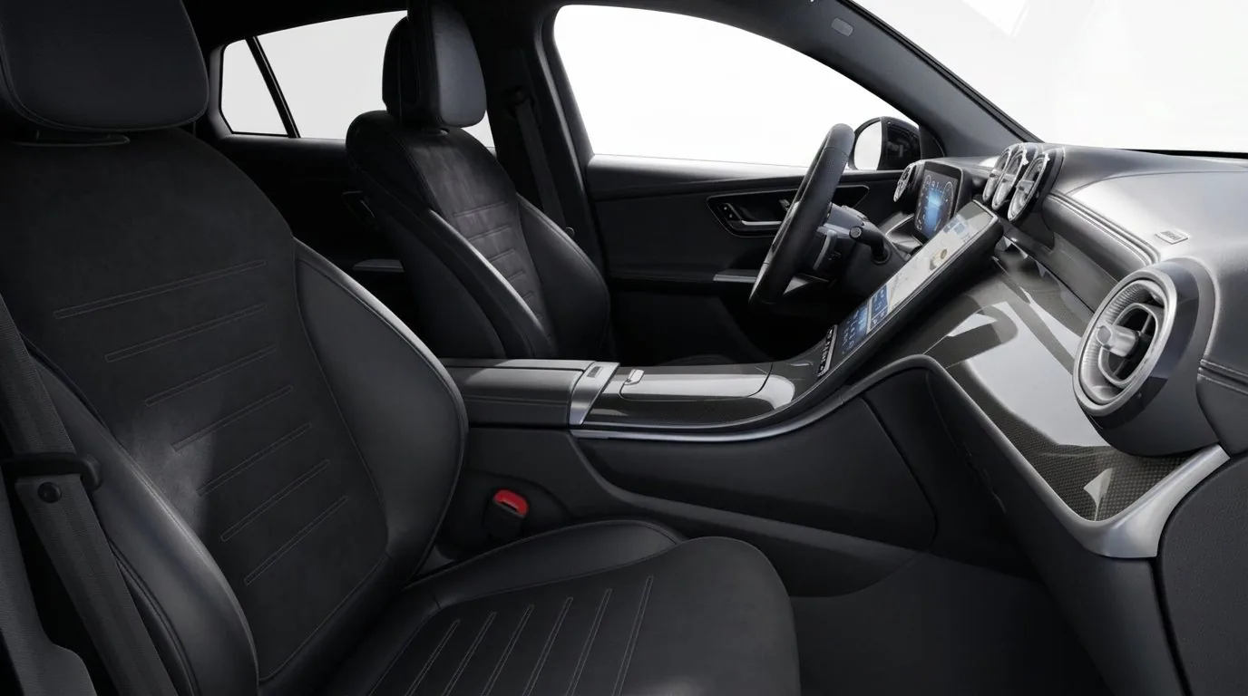 Vordersitze des Mercedes GLC 220 d 4MATIC Coupé mit Mittelkonsole und digitalem Cockpit