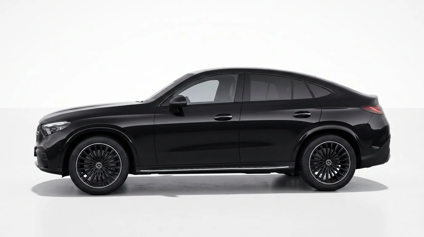 Schwarzes Mercedes GLC 300 d 4MATIC Coupé in vollständiger Seitenansicht