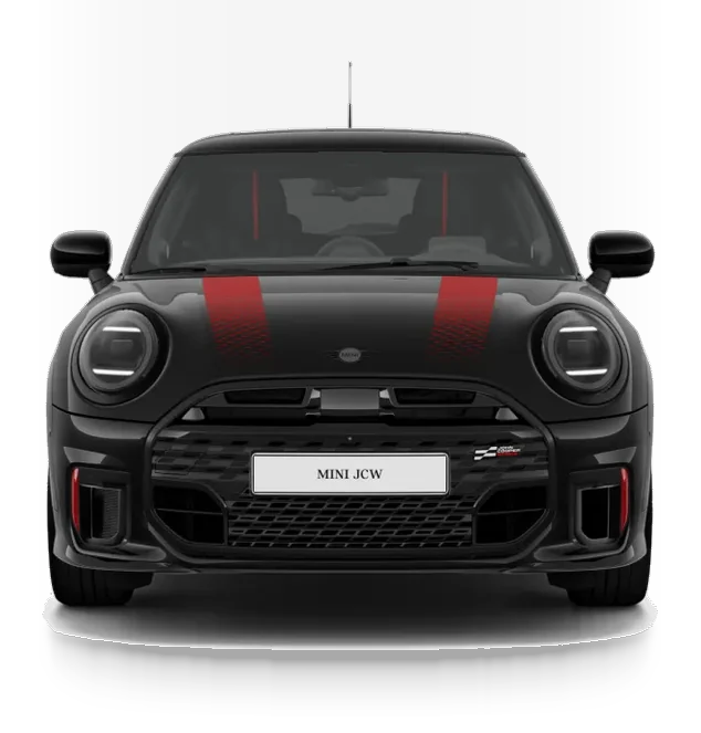 Mini John Cooper Works in Schwarz in der Frontansicht mit JCW Kühlergrill und roten Zierstreifen, Firmenwagen-Abo für Gewerbe
