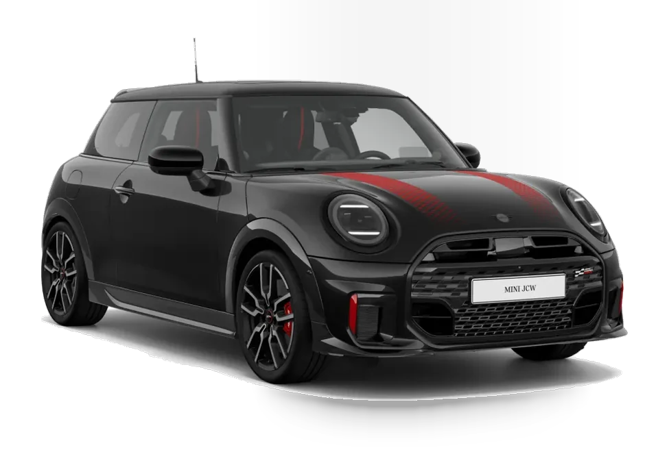 Mini John Cooper Works in Midnight Black metallic in der vorderen Dreiviertelansicht mit JCW Zierstreifen, Firmenwagen bei Eazyfleet