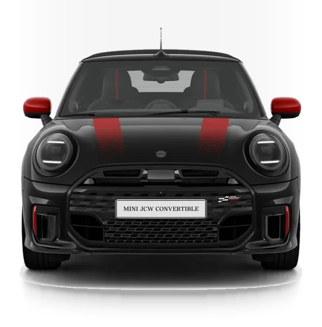 Mini John Cooper Works Cabrio in Schwarz in der Frontansicht mit JCW Kühlergrill und roten Zierstreifen, Firmenwagen-Abo für Gewerbe