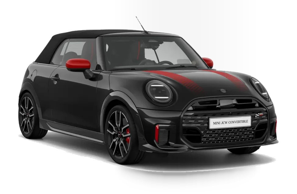 Mini John Cooper Works Cabrio in Schwarz mit geschlossenem Verdeck in der vorderen Dreiviertelansicht, Firmenwagen bei Eazyfleet