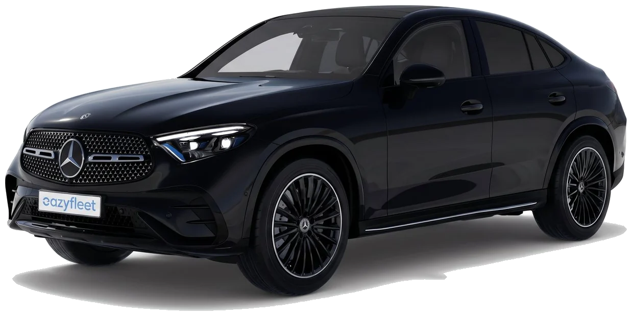 Mercedes-Benz GLC 300d Coupé in Schwarz, vordere Dreiviertelansicht als Firmenwagen im Eazyfleet Abo München