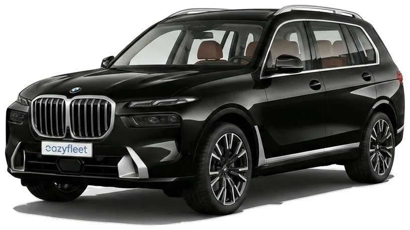 BMW X7 xDrive40d in Schwarz, vordere Dreiviertelansicht als Firmenwagen im Eazyfleet Abo München